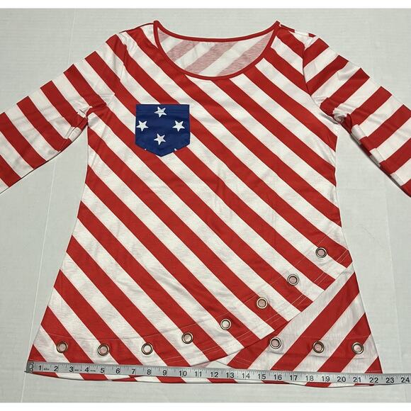 Womens Modlily Patriotic Flag Print T Shirt Top 3/4 Sleeve Bottom Ring Detail M - Picture 10 of 11